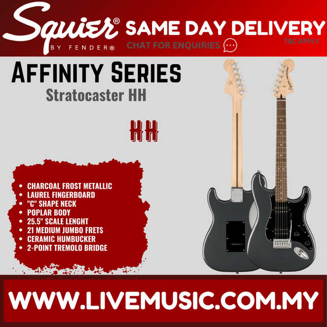 Squier SAME DAY DELIVERY Affinity Series Stratocaster HH promo featuring a charcoal guitar