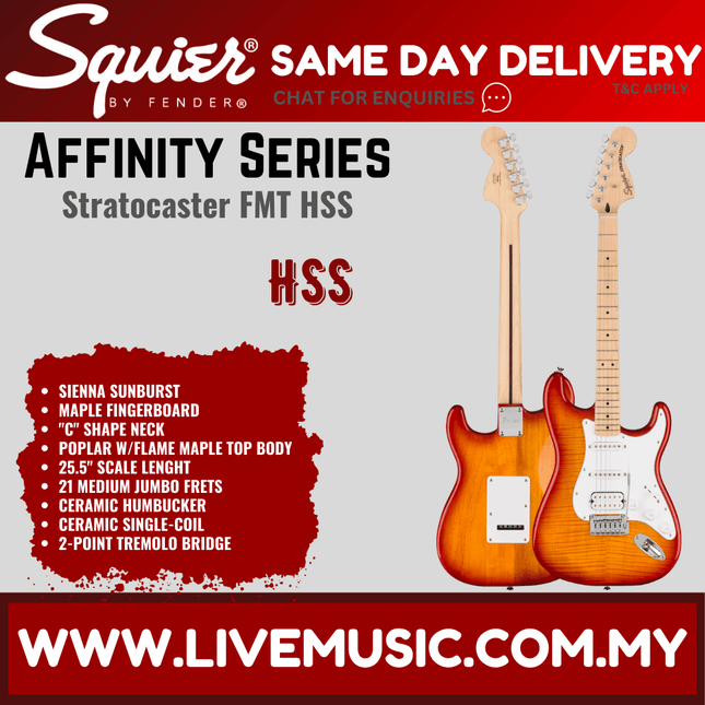 Squier Same Day Delivery banner for Affinity Series Stratocaster FMT HSS
