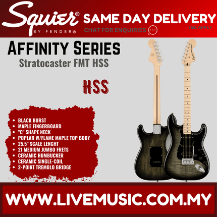Squier Affinity Series Stratocaster FMT HSS promo card with black burst guitar