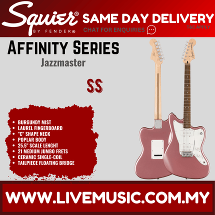 Squier Affinity Series Jazzmaster promo graphic with burgundy electric guitar