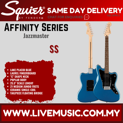 Squier Same Day Delivery Affinity Series Jazzmaster marketing graphic with guitar