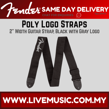 Black 2-inch poly guitar strap with gray logo and adjustable ends.