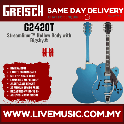 Gretsch G2420T Streamliner Hollow Body Single-Cut Guitar w/Bigsby, Riviera Blue