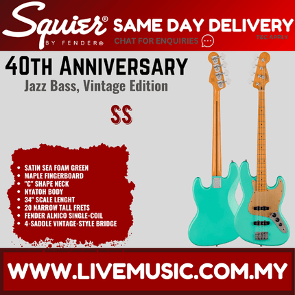 Squier 40th Anniversary Vintage Edition Jazz Bass Guitar, Satin Seafoam Green