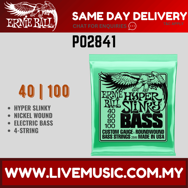Ernie Ball 2841 Hyper Slinky Bass Nickel Wound Electric Bass Strings, 40-100 Gauge