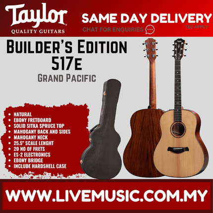 Taylor Builder’s Edition 517e V-Class Grand Pacific Acoustic Guitar w/Case, Natural