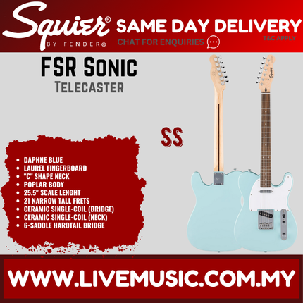 Squier FSR Sonic Telecaster Electric Guitar w/White Pickguard, Laurel FB, Daphne Blue