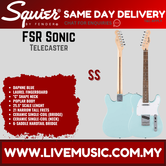 Squier FSR Sonic Telecaster Electric Guitar w/White Pickguard, Laurel FB, Daphne Blue