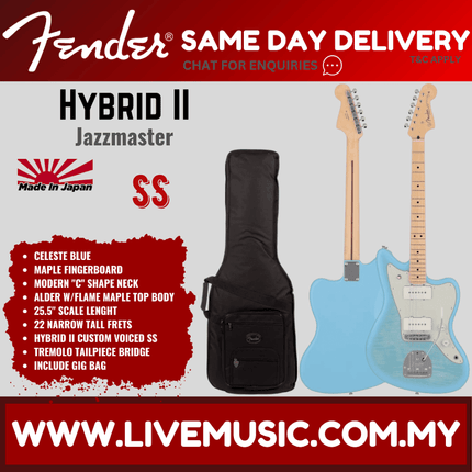 Fender Japan Hybrid II Jazzmaster Electric Guitar, Maple FB, Celeste Blue