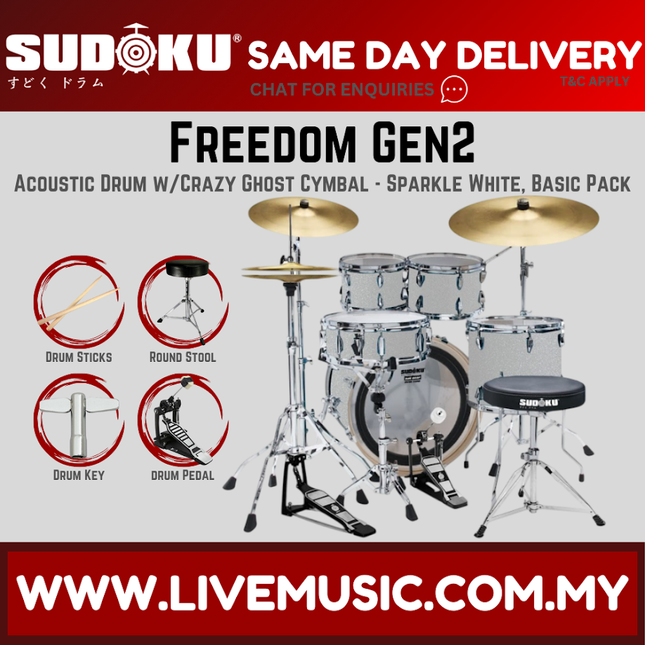 Sudoku Freedom Gen2 Acoustic Drum Set w/Ghost Cymbals, Throne, Pedal - Basic Pack