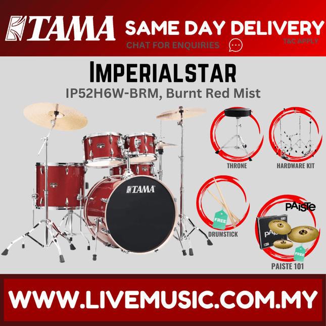 Burnt Red Mist drum set with throne and brass cymbals