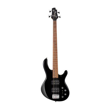 Black 4-string electric bass guitar with Jatoba fretboard, front view
