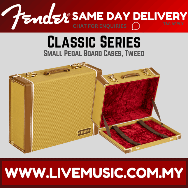 Small tweed pedalboard case, tan with Fender badge, gold latches, open lid