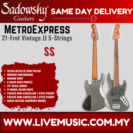 Sadowsky MetroExpress 21Fret Vintage JJ 5-String Bass Guitar, Morado FB, Silver Metallic High Polish