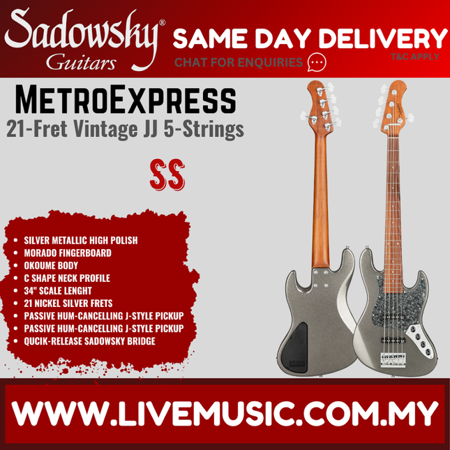 Sadowsky MetroExpress 21Fret Vintage JJ 5-String Bass Guitar, Morado FB, Silver Metallic High Polish