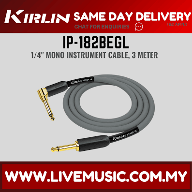 Kirlin IP-182BEGL /GA Stage L Right Angle Gold Plated Instrument Cable For Electric Acoustic Bass Guitar Amplifier - Gray (3 Meter) (IP 182BEGL/IP182BEGL)
