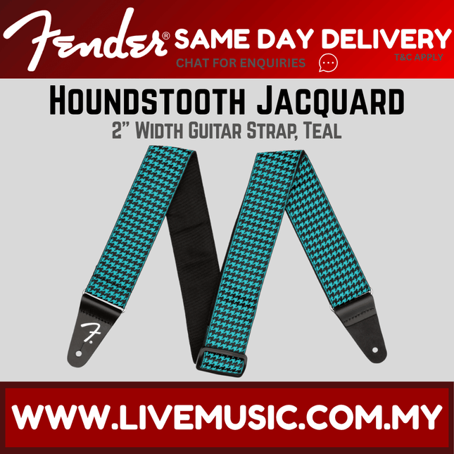 Teal houndstooth jacquard guitar strap with black leather ends, 2-inch width