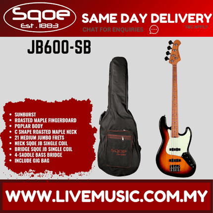 Sqoe JB600-SB 4-String Electric Bass Guitar With Gig Bag Roasted Maple FB, Sunburst ( JB600SB / JB600 SB )