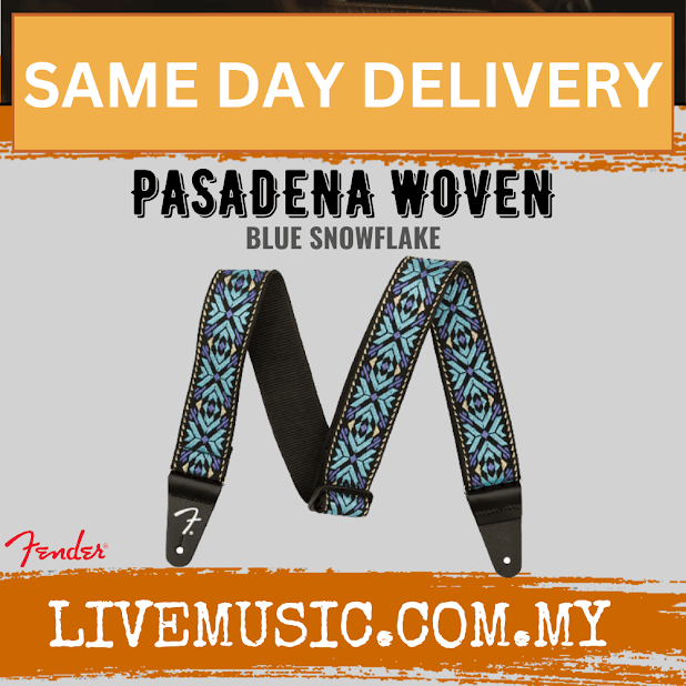 Fender Pasadena woven guitar strap in blue snowflake pattern with black ends