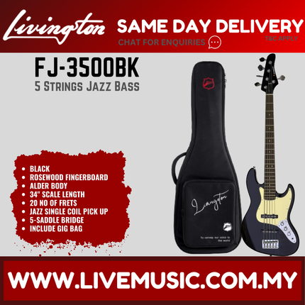 Livingston FJ-3500 5-String Jazz Bass Guitar, Rosewood Fretboard, w/Gig Bag ( JB 3500 JB3500 / FJ 3500 FJ3500 )