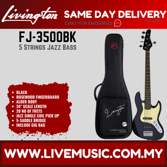 Livingston FJ-3500 5-String Jazz Bass Guitar, Rosewood Fretboard, w/Gig Bag-Black ( JB 3500 JB3500 / FJ 3500 FJ3500 )