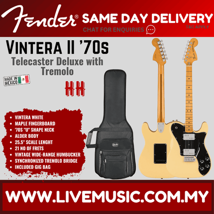 Fender Vintera II 70s Telecaster Deluxe Electric Guitar w/Tremolo, Maple FB, Vintera White