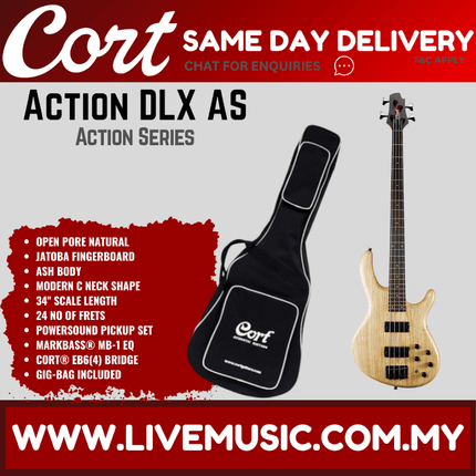 Cort Action DLX AS 4-String Bass Guitar Jatoba Fretboard with Bag - Open Pore Natural
