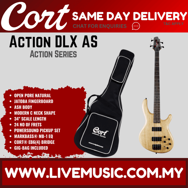 Cort Action DLX AS 4-String Bass Guitar Jatoba Fretboard with Bag - Open Pore Natural