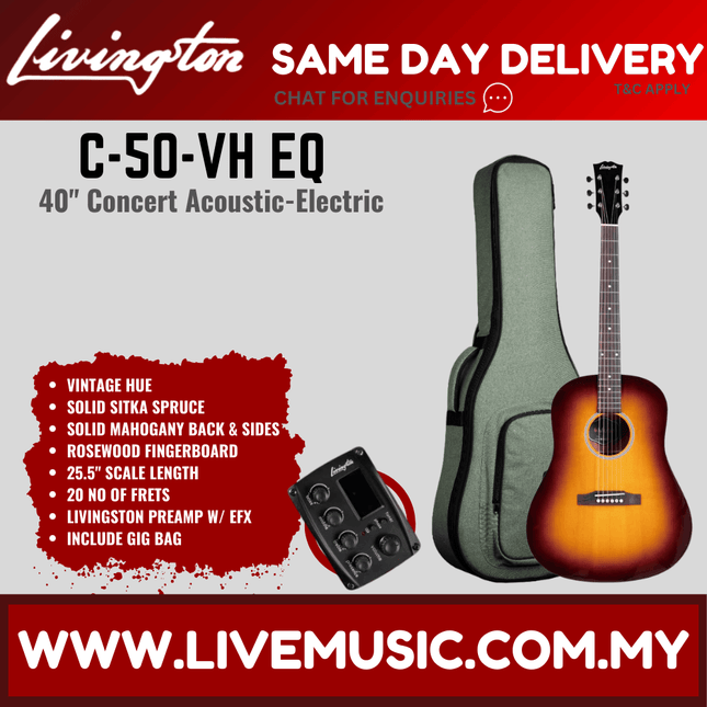 Concert acoustic-electric guitar with gig bag and pickup control, amber-brown sunburst finish.