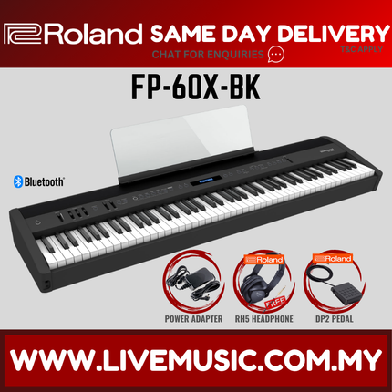 Black 88-key digital piano with built-in display and control panel, angled view