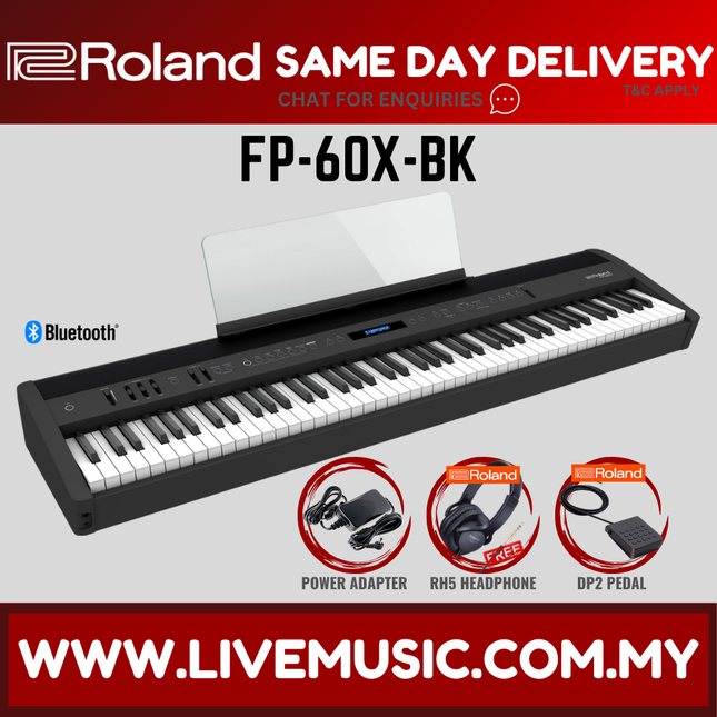 Black 88-key digital piano with built-in display and control panel, angled view