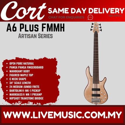 Cort A6 Plus FMMH 6-String Bass Guitar Jatoba Fretboard with Bag - Open Pore Natural
