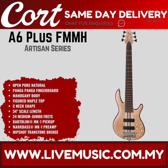 Cort A6 Plus FMMH 6-String Bass Guitar Jatoba Fretboard with Bag - Open Pore Natural