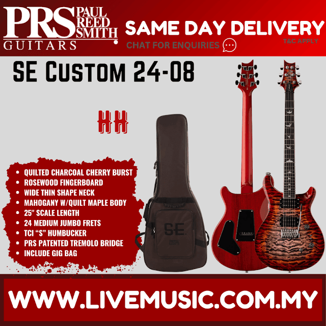 PRS SE Custom 24-08 Electric Guitar, Quilted Charcoal Cherry Burst / Lake Blue