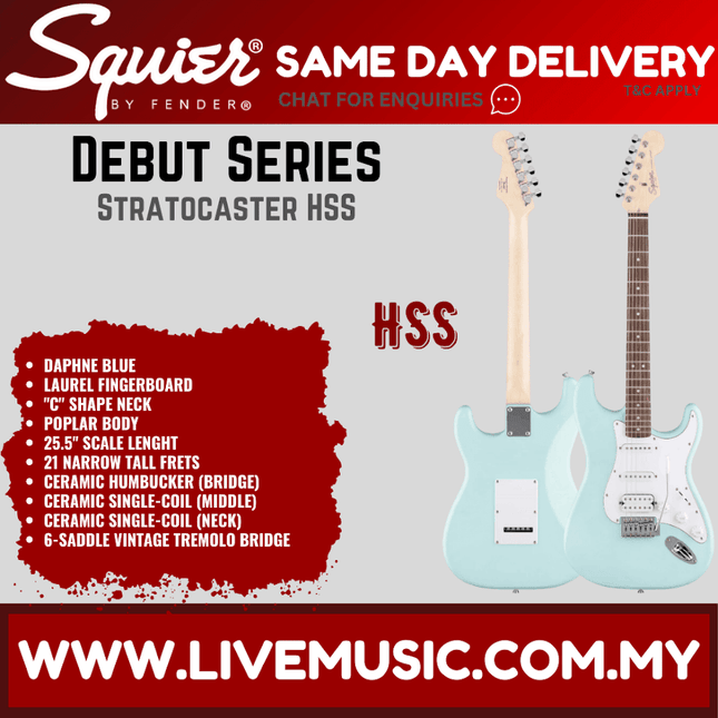 Squier Debut Series Stratocaster HSS Electric Guitar, Laurel FB, Daphne Blue