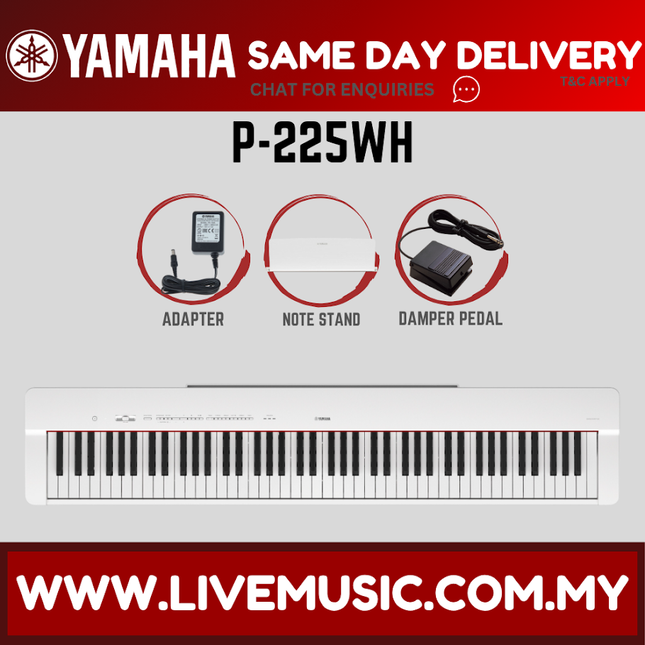 White Yamaha P-225WH digital piano, full-width keyboard with included accessory items