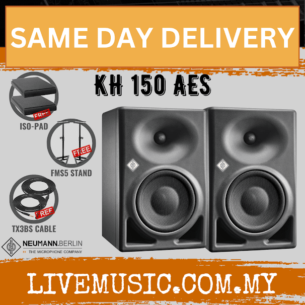 Neumann two-way powered speaker pair, dark front-facing 6.5-inch woofer and tweeter drivers.
