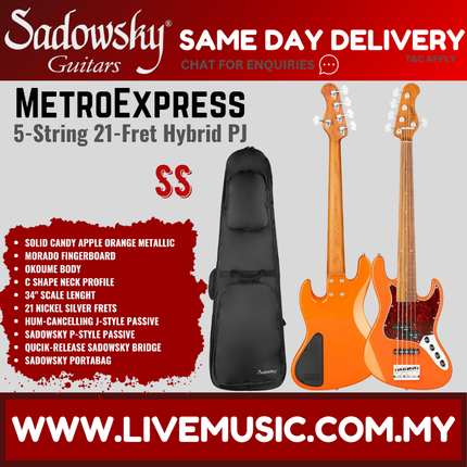 Sadowsky MetroExpress 21-Fret Hybrid PJ 5-String Bass, Morado FB, Solid Candy Apple Orange Metallic