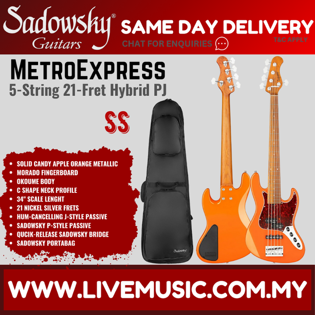 Sadowsky MetroExpress 21-Fret Hybrid PJ 5-String Bass, Morado FB, Solid Candy Apple Orange Metallic