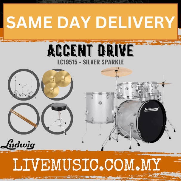 5-piece Ludwig Accent Drive drum set with hardware and throne, silver sparkle