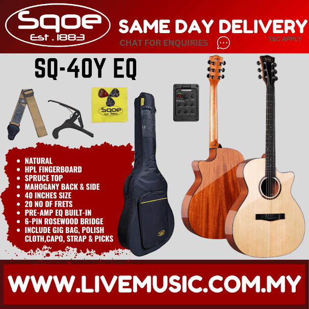 SQOE SQ-40Y EQ 40" Mahogany Top Acoustic Electric Guitar w/Gig Bag, HPL FB - Natural ( SQ40Y EQ / SQ 40Y EQ)