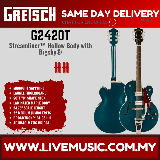 Gretsch G2420T Streamliner Hollowbody Electric Guitar w/Bigsby, Midnight Sapphire
