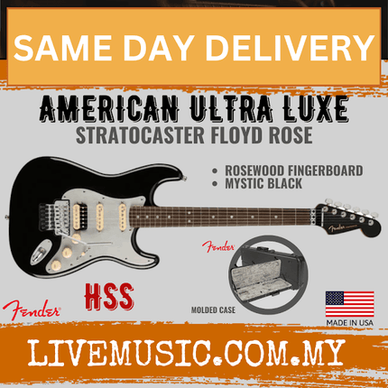 Fender American Ultra Luxe Stratocaster Floyd Rose HSS Electric Guitar, RW FB, Mystic Black