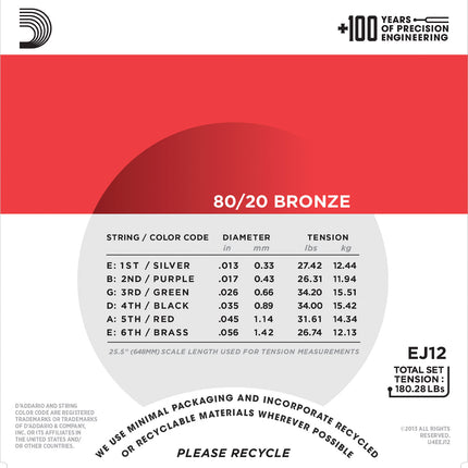 D'Addario EJ12 - 80/20 Bronze Acoustic Strings, Medium (13-56)(DAddario)