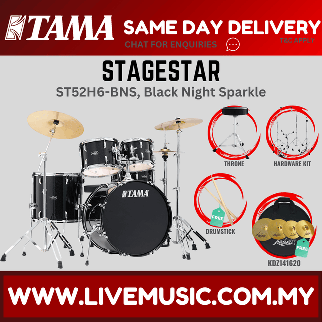 Stagestar 5-piece drum set, Black Night Sparkle finish, with cymbals, throne, drumsticks