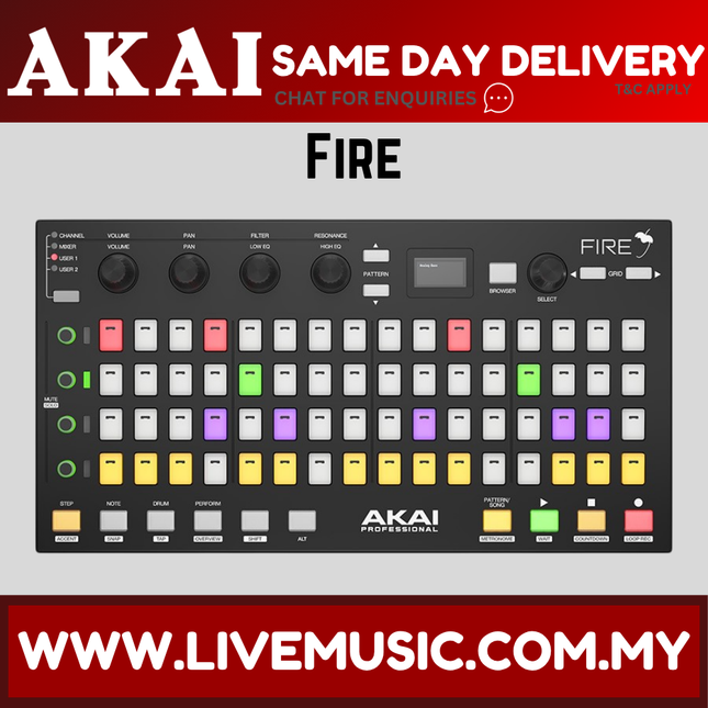 Akai Professional FIRE performance controller with colored drum pads and transport buttons