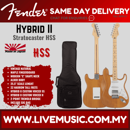 Fender Japan Hybrid II Stratocaster HSS electric guitar, vintage natural with gig bag