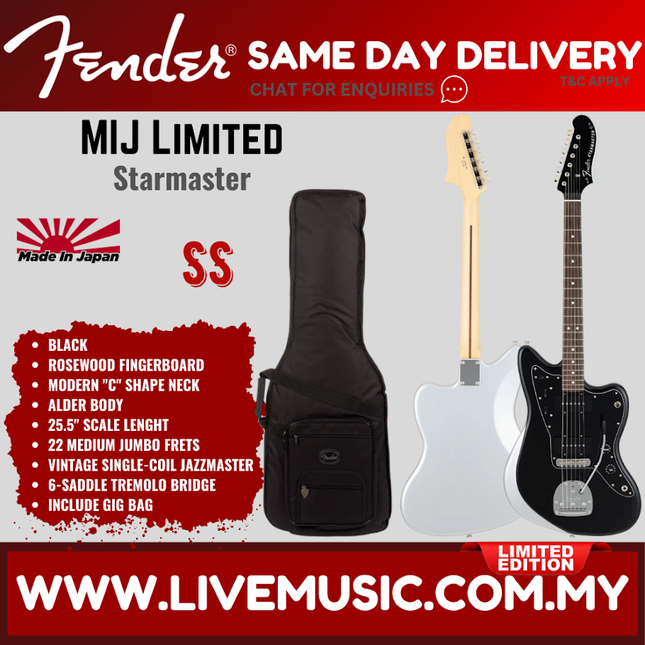 Fender MIJ Limited Starmaster Electric Guitar, RW FB, Candy Apple Red / Black / Jupiter Blue