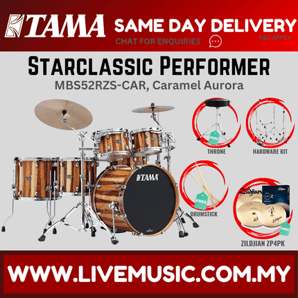 5-piece drum set with cymbals, caramel wood shells and black bass drum