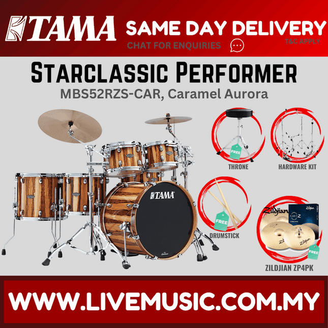5-piece drum set with cymbals, caramel wood shells and black bass drum